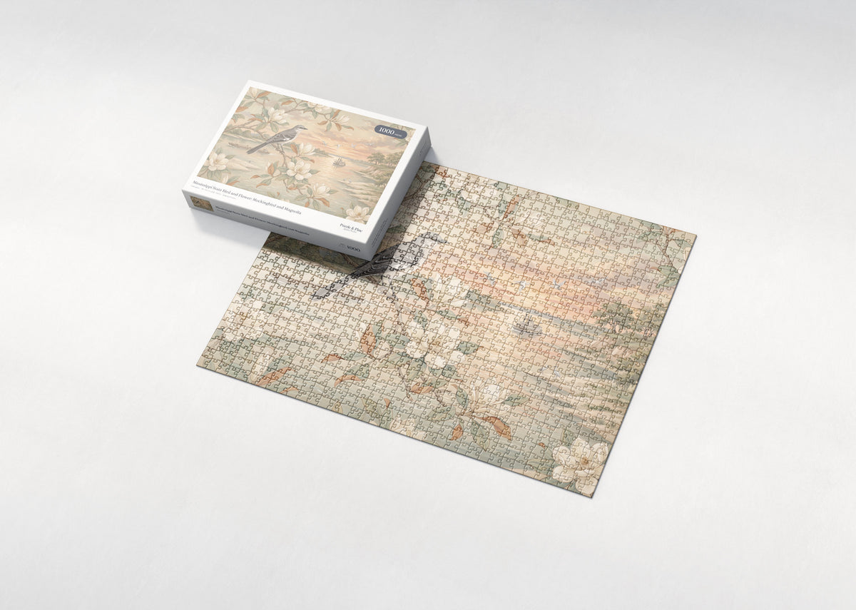 Mississippi State Bird and Flower: Mockingbird and Magnolia jigsaw puzzle - box and puzzle