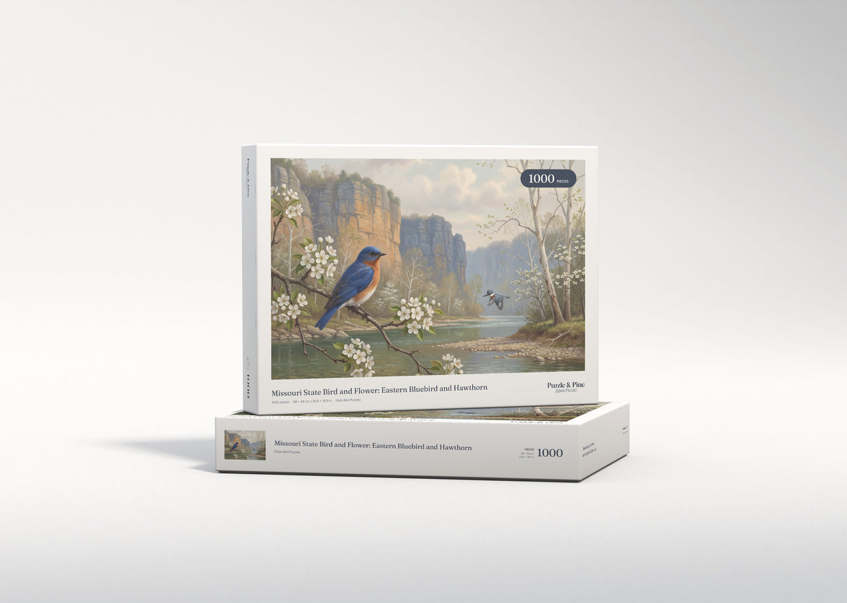 Missouri State Bird and Flower: Eastern Bluebird and Hawthorn jigsaw puzzle - gift box
