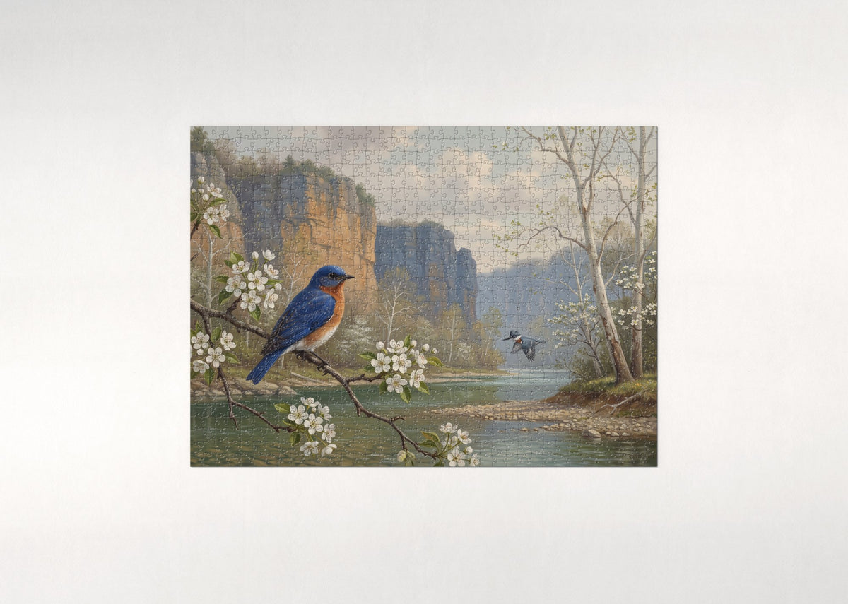 Missouri State Bird and Flower: Eastern Bluebird and Hawthorn jigsaw puzzle - flat puzzle