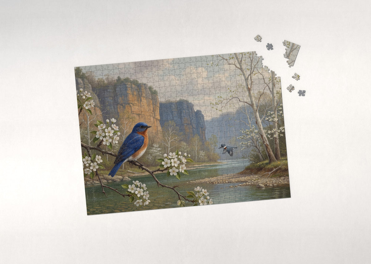 Missouri State Bird and Flower: Eastern Bluebird and Hawthorn jigsaw puzzle - puzzle with loose pieces