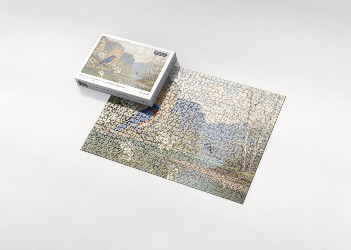 Missouri State Bird and Flower: Eastern Bluebird and Hawthorn jigsaw puzzle - box and puzzle