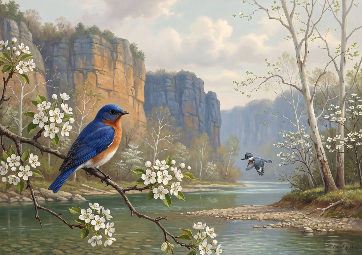 Missouri State Bird and Flower: Eastern Bluebird and Hawthorn jigsaw puzzle