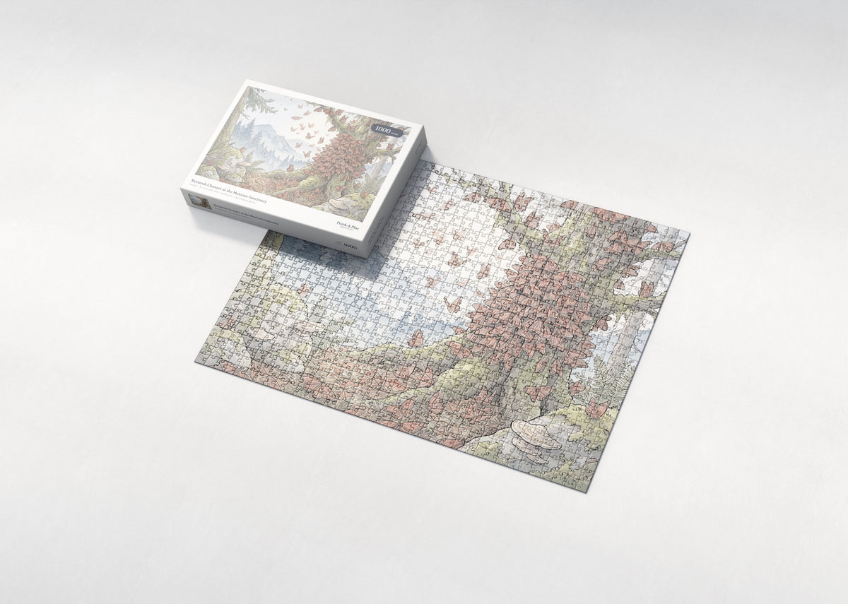Monarch Clusters at the Mexican Sanctuary jigsaw puzzle - box and puzzle