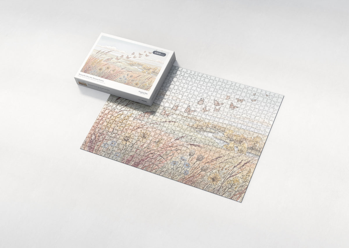 Monarchs Over the Autumn Prairie jigsaw puzzle - box and puzzle