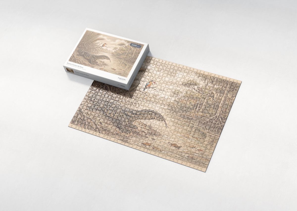 Monitor Lizard at the River jigsaw puzzle - box and puzzle