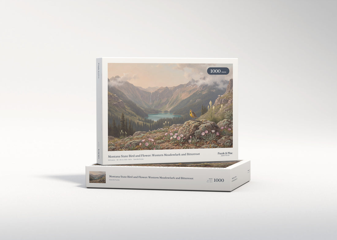 Montana State Bird and Flower: Western Meadowlark and Bitterroot jigsaw puzzle - gift box
