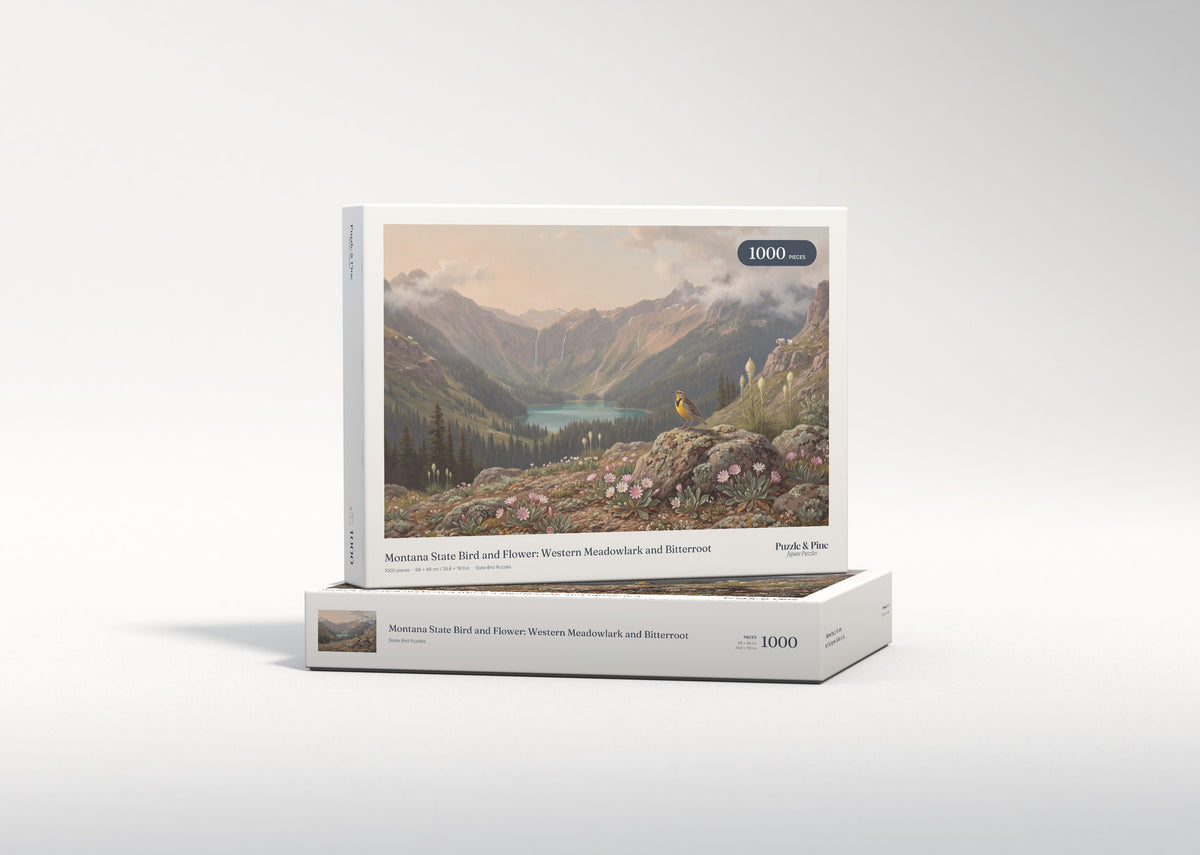 Montana State Bird and Flower: Western Meadowlark and Bitterroot jigsaw puzzle - gift box