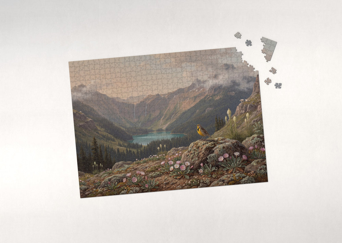 Montana State Bird and Flower: Western Meadowlark and Bitterroot jigsaw puzzle - puzzle with loose pieces