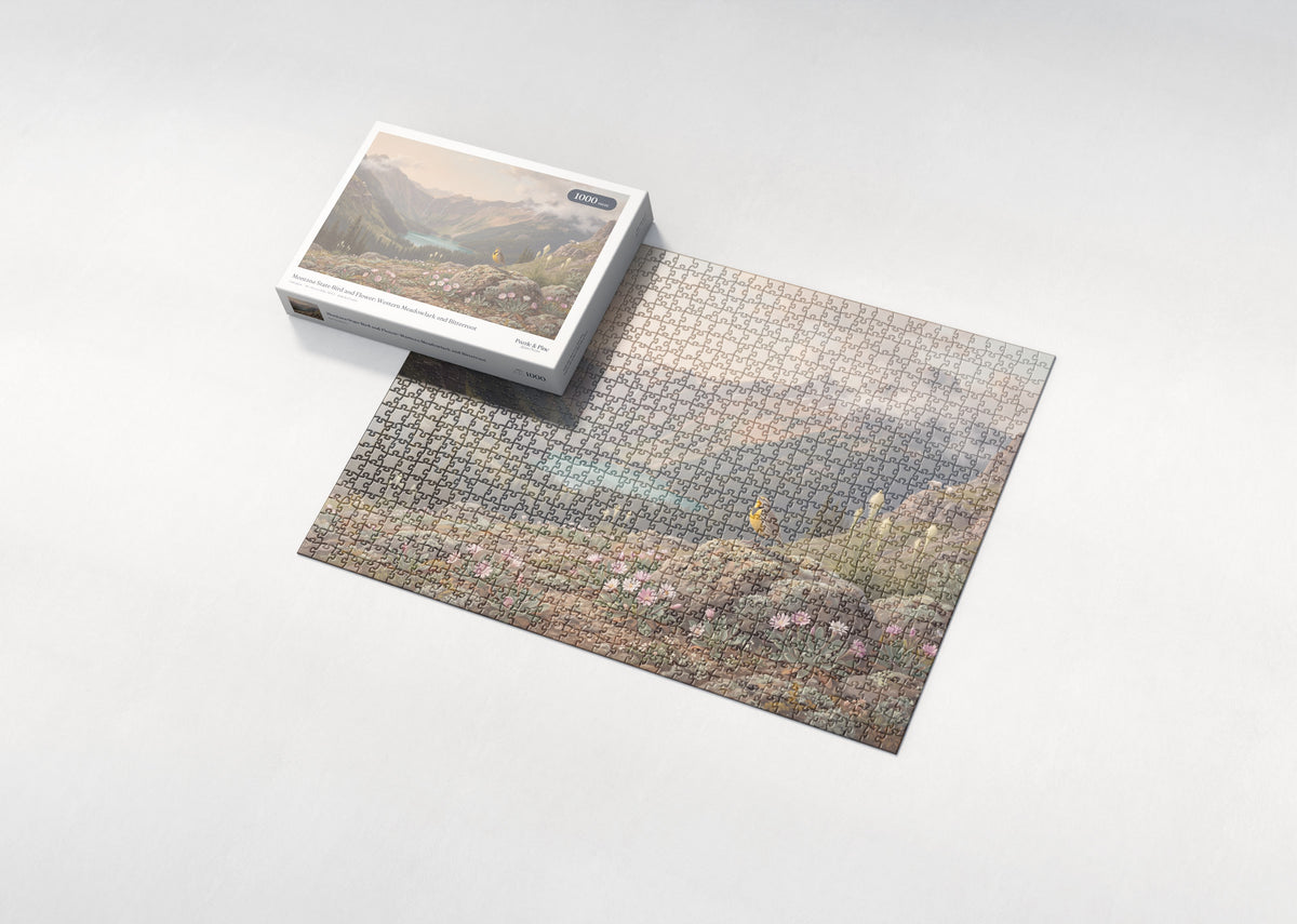 Montana State Bird and Flower: Western Meadowlark and Bitterroot jigsaw puzzle - box and puzzle