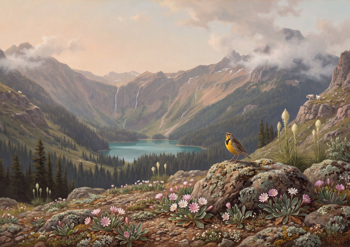 Montana State Bird and Flower: Western Meadowlark and Bitterroot jigsaw puzzle