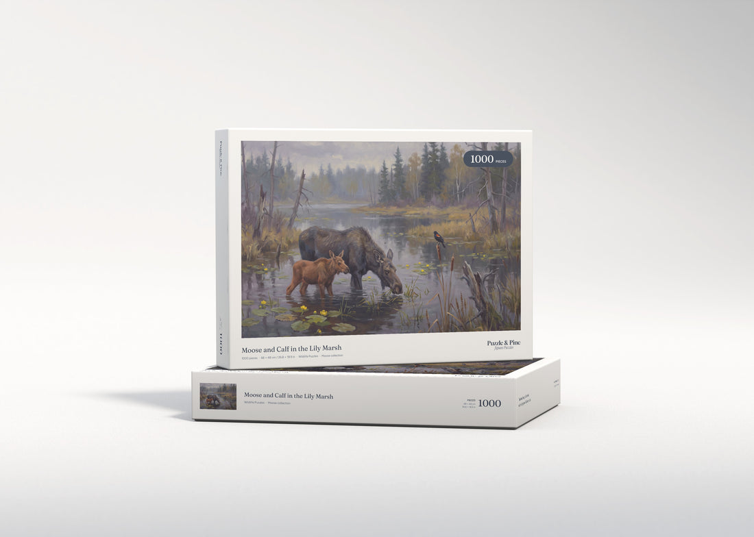 Moose and Calf in the Lily Marsh jigsaw puzzle - gift box