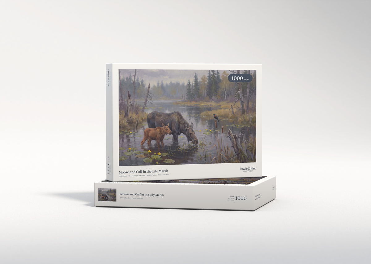 Moose and Calf in the Lily Marsh jigsaw puzzle - gift box