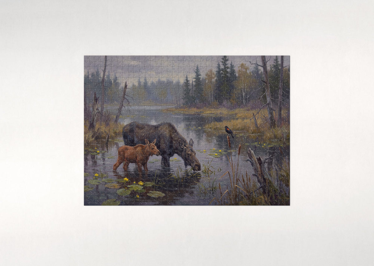Moose and Calf in the Lily Marsh jigsaw puzzle - flat puzzle