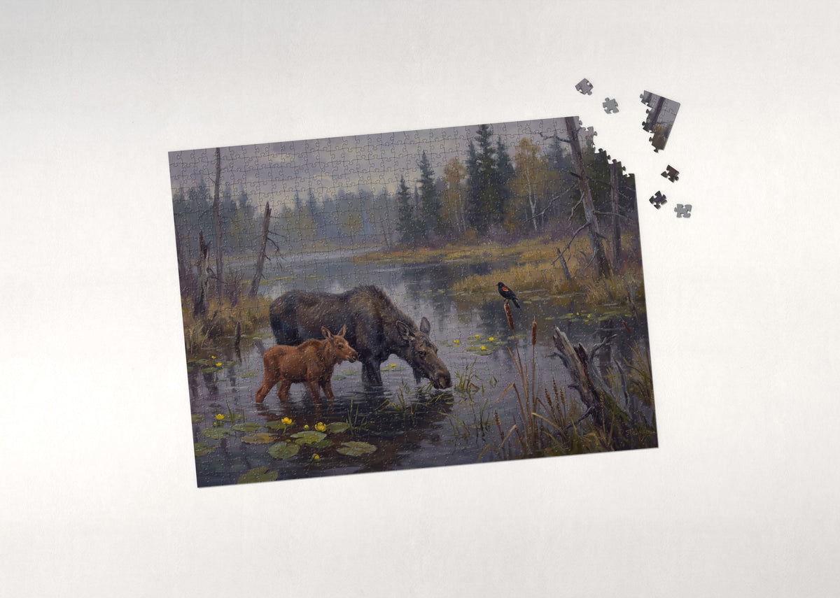 Moose and Calf in the Lily Marsh jigsaw puzzle - puzzle with loose pieces