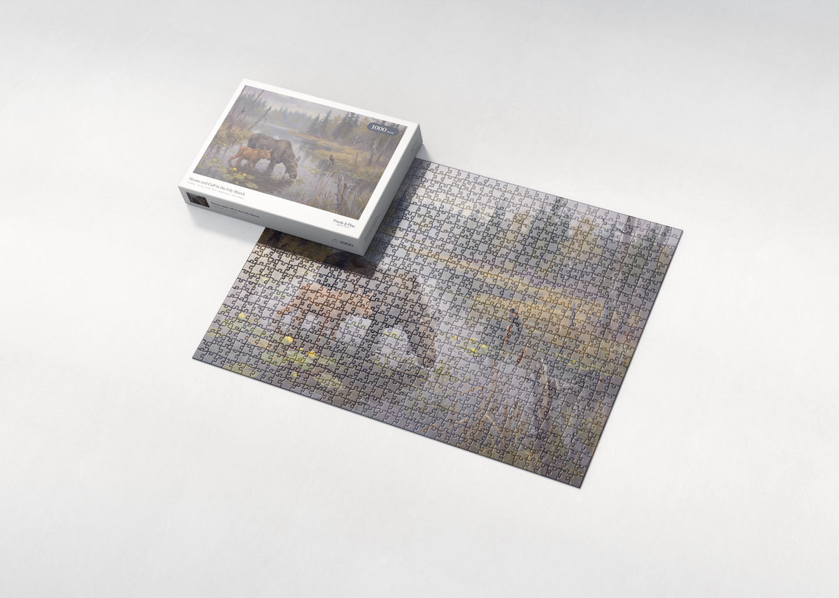 Moose and Calf in the Lily Marsh jigsaw puzzle - box and puzzle