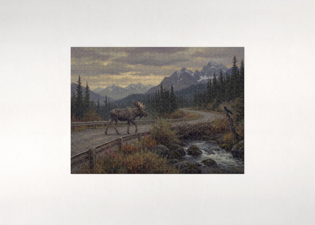 Moose Crossing the Mountain Road jigsaw puzzle - gift box