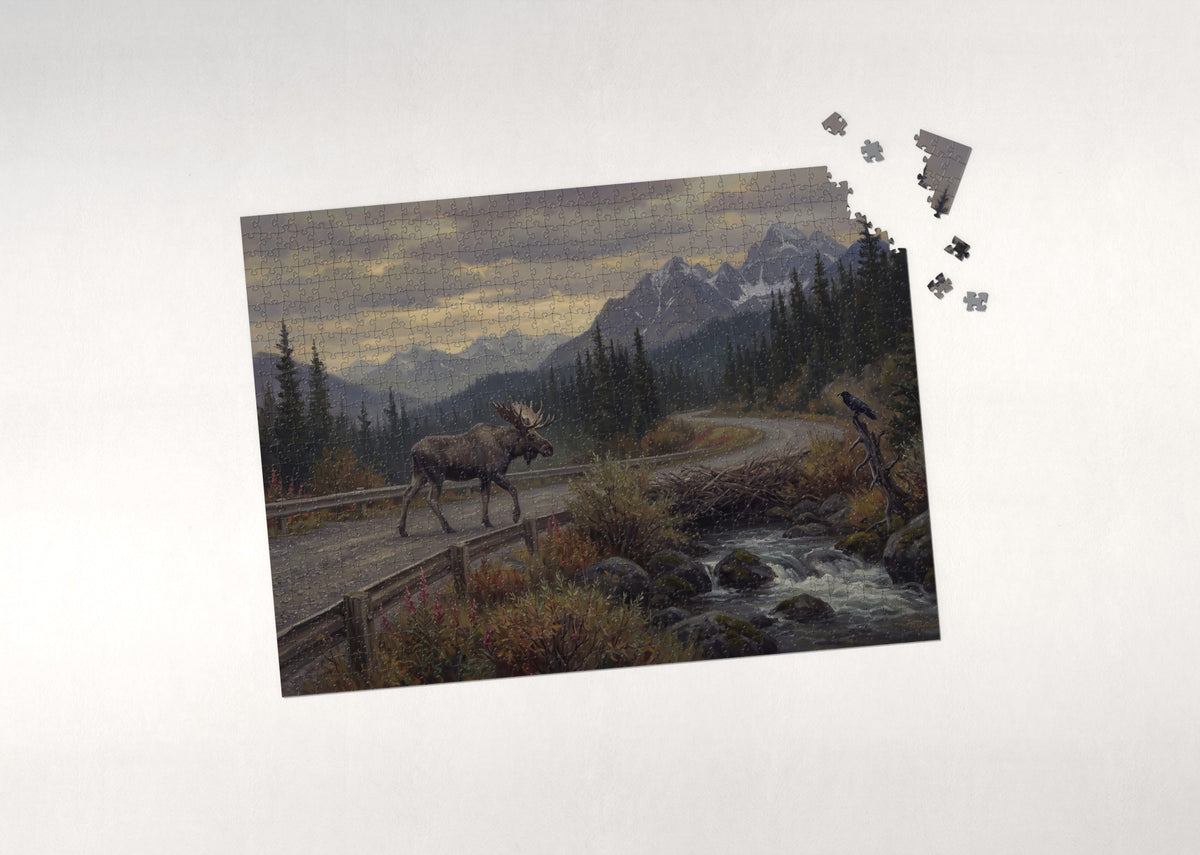 Moose Crossing the Mountain Road jigsaw puzzle - puzzle with loose pieces