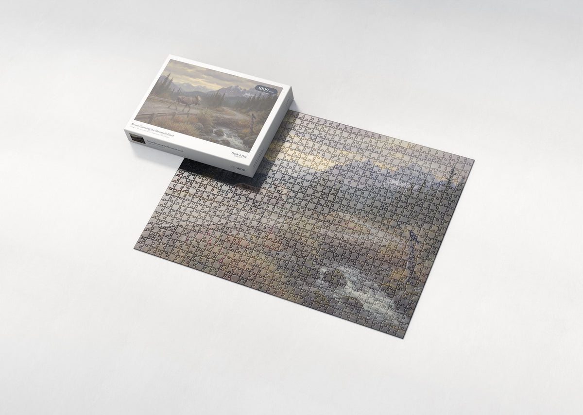 Moose Crossing the Mountain Road jigsaw puzzle - box and puzzle