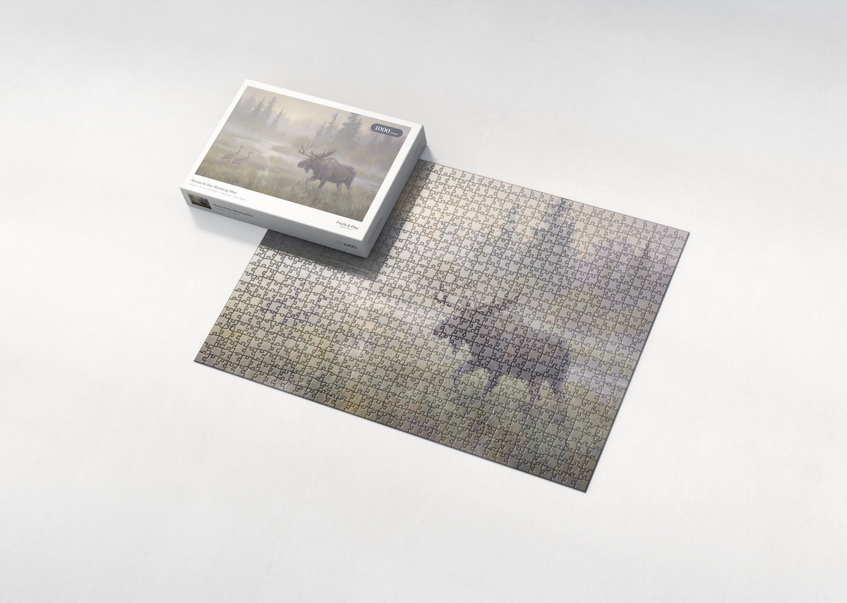 Moose in the Morning Mist jigsaw puzzle - box and puzzle