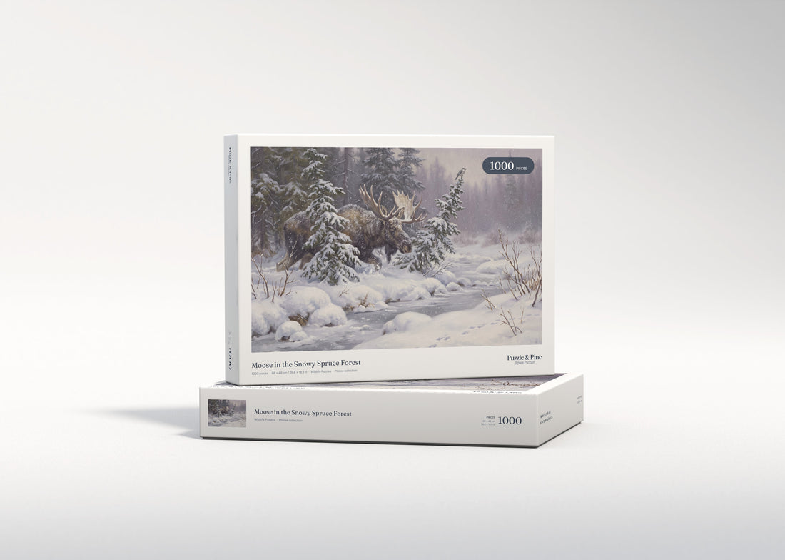Moose in the Snowy Spruce Forest jigsaw puzzle - gift box
