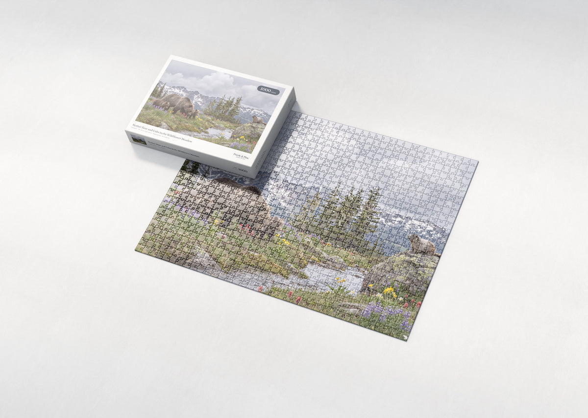 Mother Bear and Cubs in the Wildflower Meadow jigsaw puzzle - box and puzzle