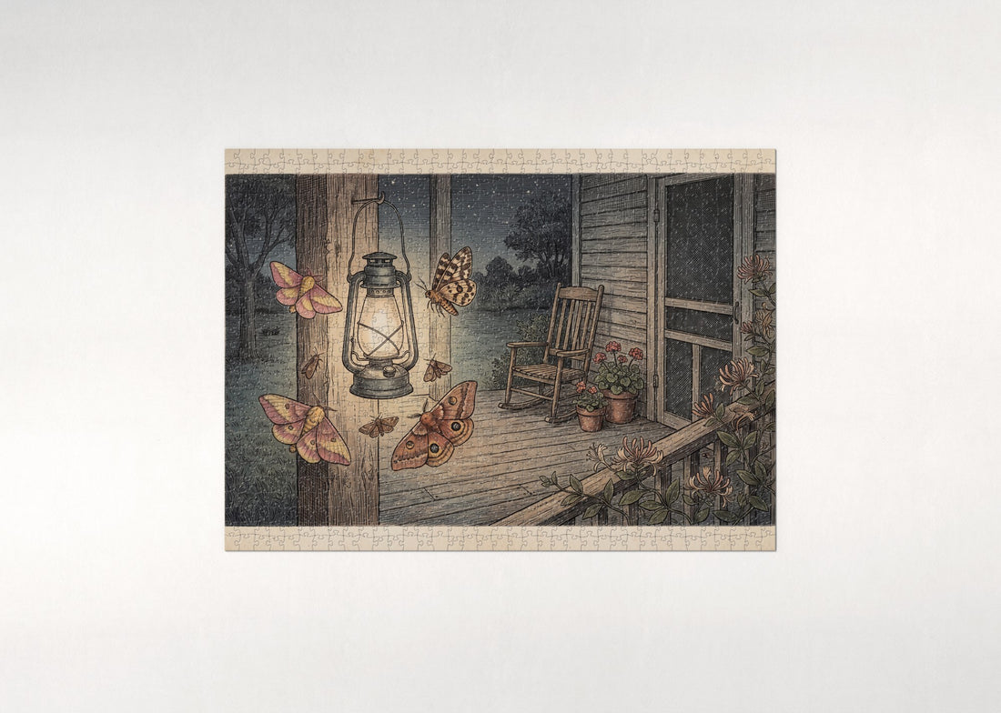 Moths Around the Porch Lantern jigsaw puzzle - gift box