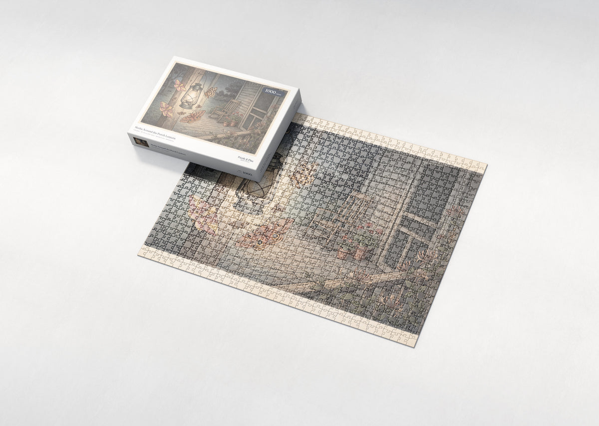 Moths Around the Porch Lantern jigsaw puzzle - box and puzzle