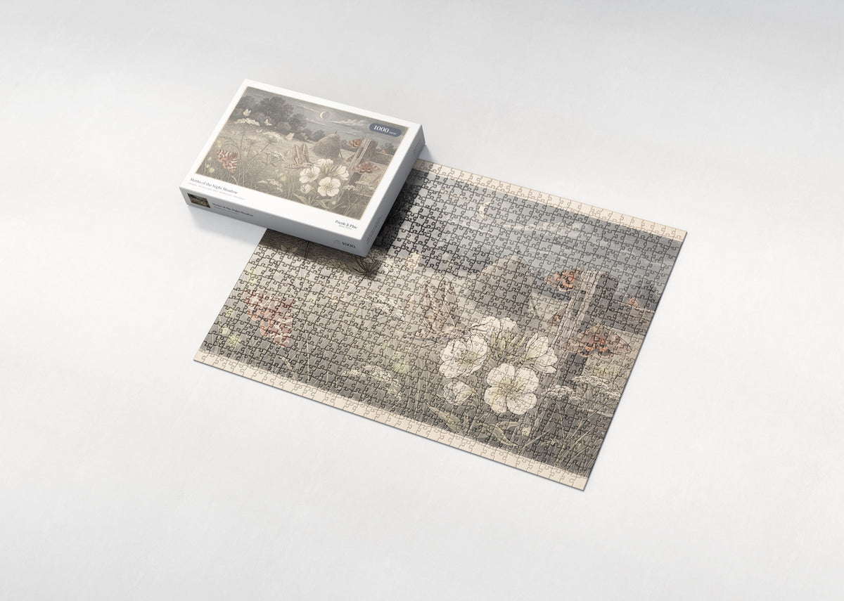 Moths of the Night Meadow jigsaw puzzle - box and puzzle
