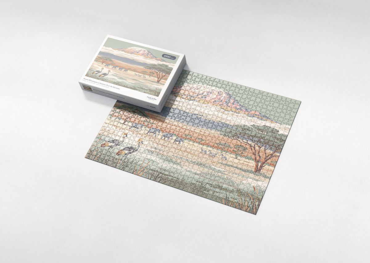 Mount Kilimanjaro at Sunrise Over the Savanna jigsaw puzzle - box and puzzle