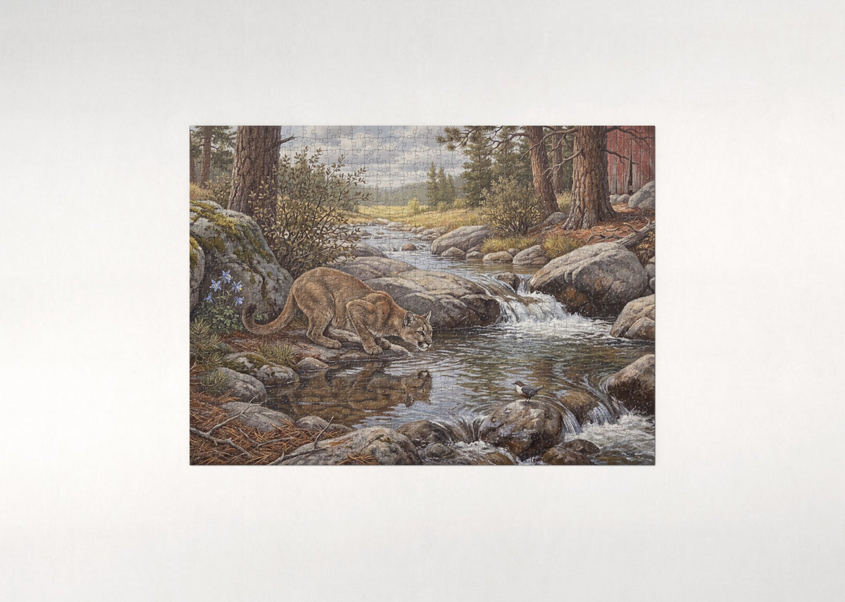 Mountain Lion at the Rocky Stream jigsaw puzzle - flat puzzle