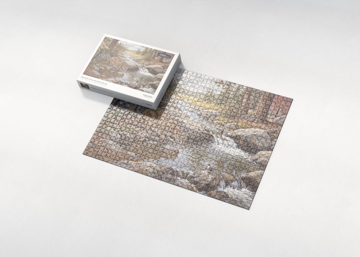 Mountain Lion at the Rocky Stream jigsaw puzzle - box and puzzle