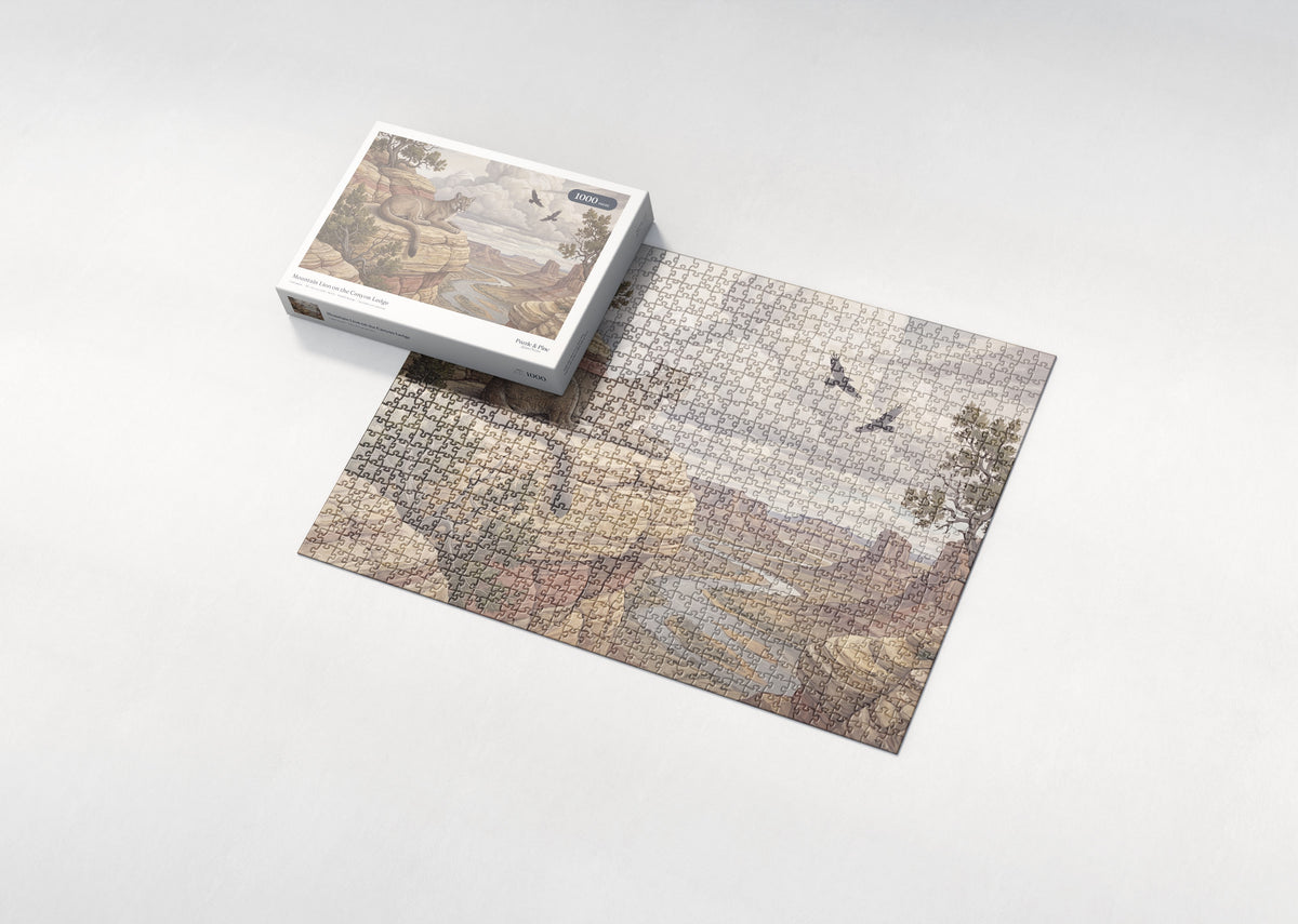 Mountain Lion on the Canyon Ledge jigsaw puzzle - box and puzzle