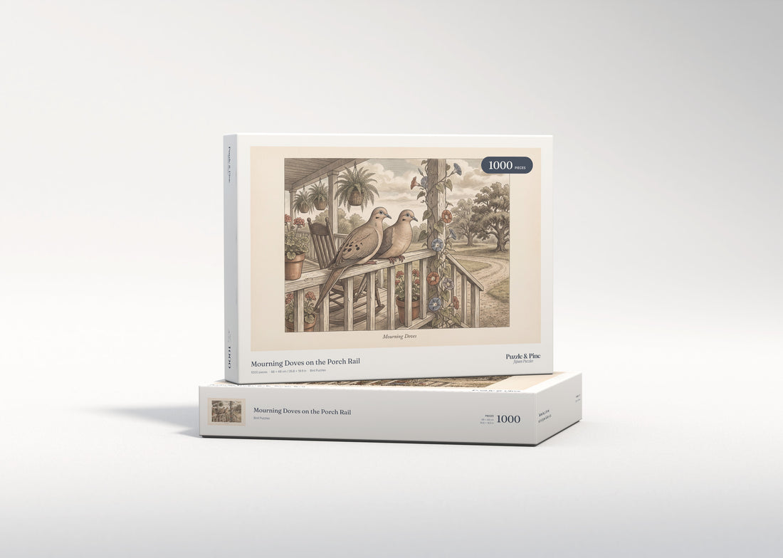Mourning Doves on the Porch Rail jigsaw puzzle - gift box