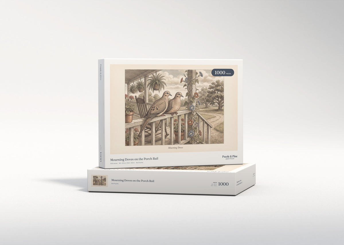 Mourning Doves on the Porch Rail jigsaw puzzle - gift box