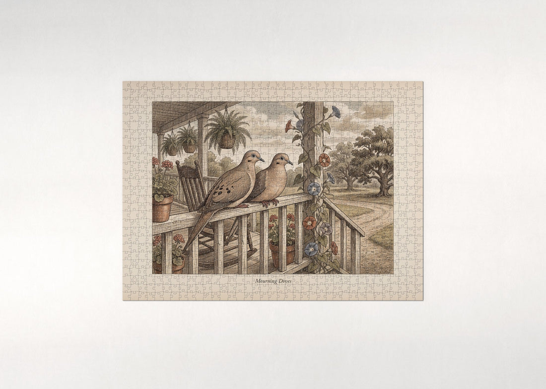Mourning Doves on the Porch Rail jigsaw puzzle - gift box