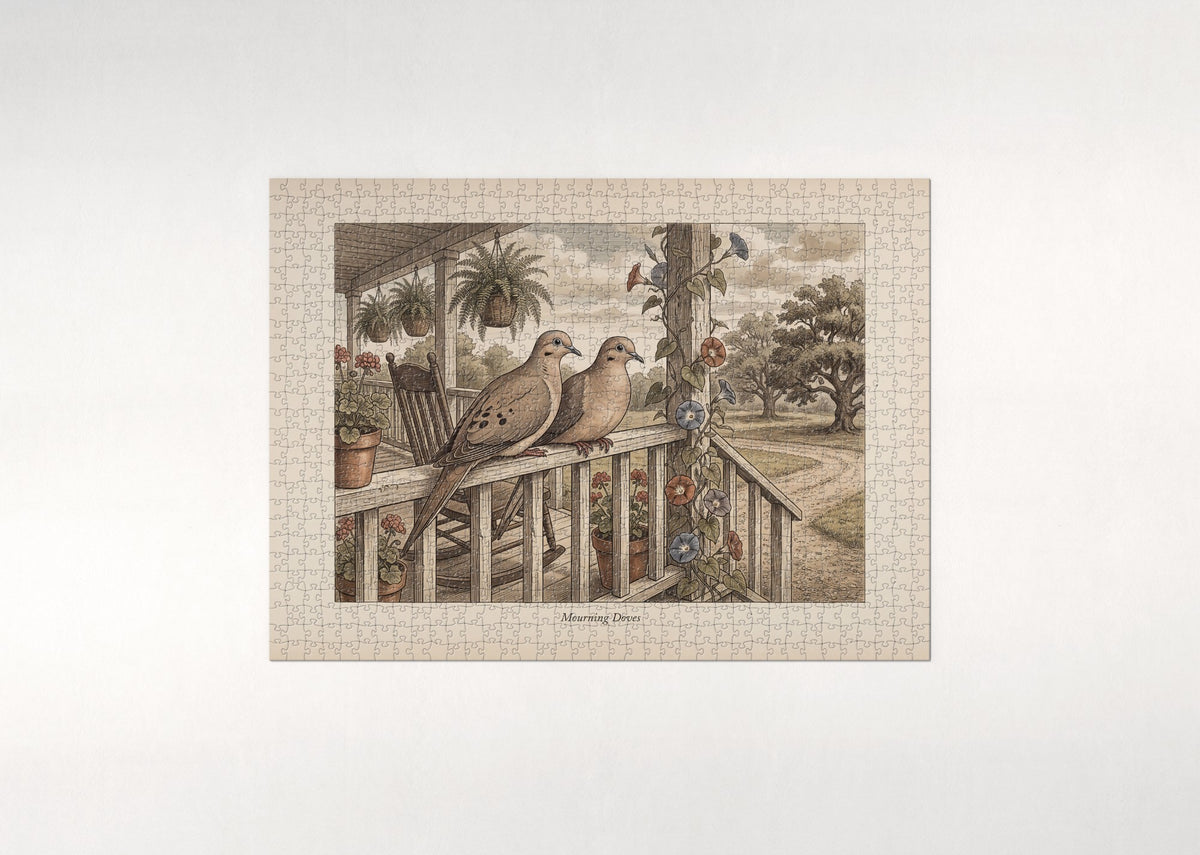 Mourning Doves on the Porch Rail jigsaw puzzle - flat puzzle