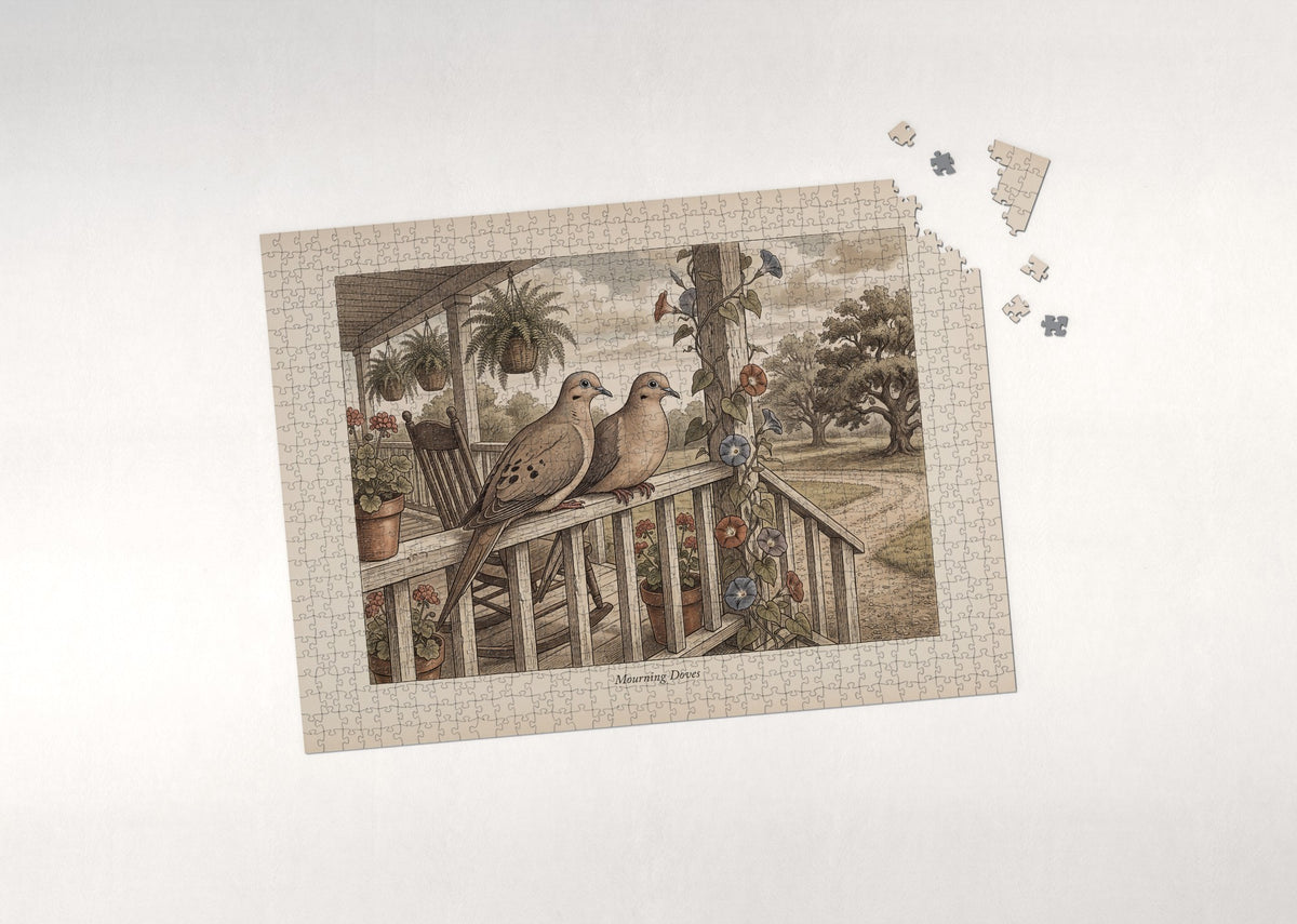Mourning Doves on the Porch Rail jigsaw puzzle - puzzle with loose pieces