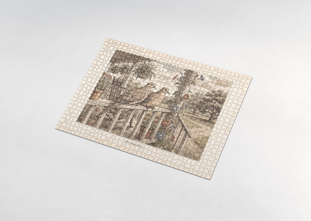 Mourning Doves on the Porch Rail jigsaw puzzle - assembled puzzle