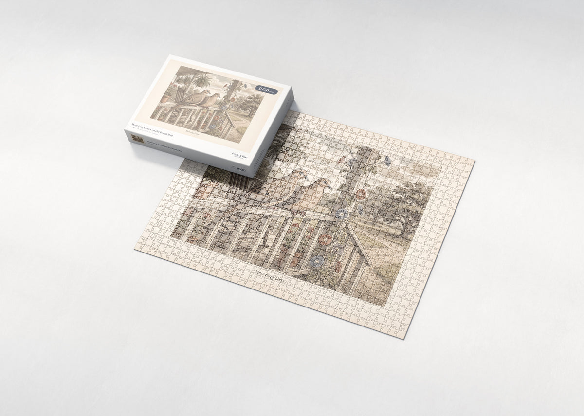 Mourning Doves on the Porch Rail jigsaw puzzle - box and puzzle