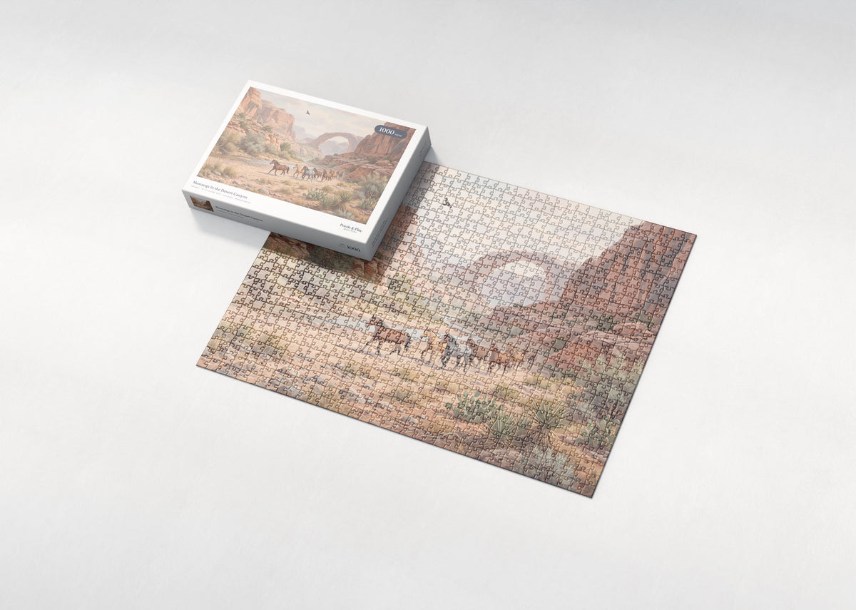 Mustangs in the Desert Canyon jigsaw puzzle - box and puzzle