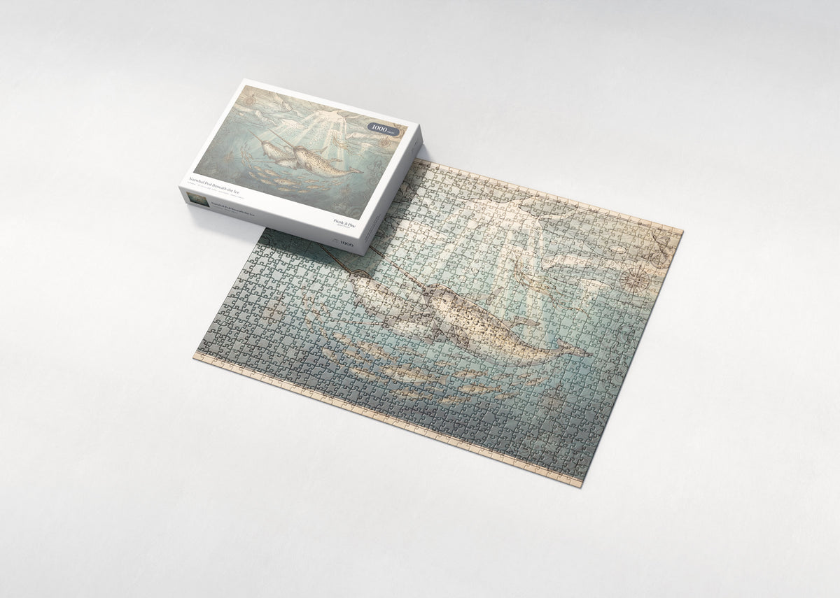 Narwhal Pod Beneath the Ice jigsaw puzzle - box and puzzle
