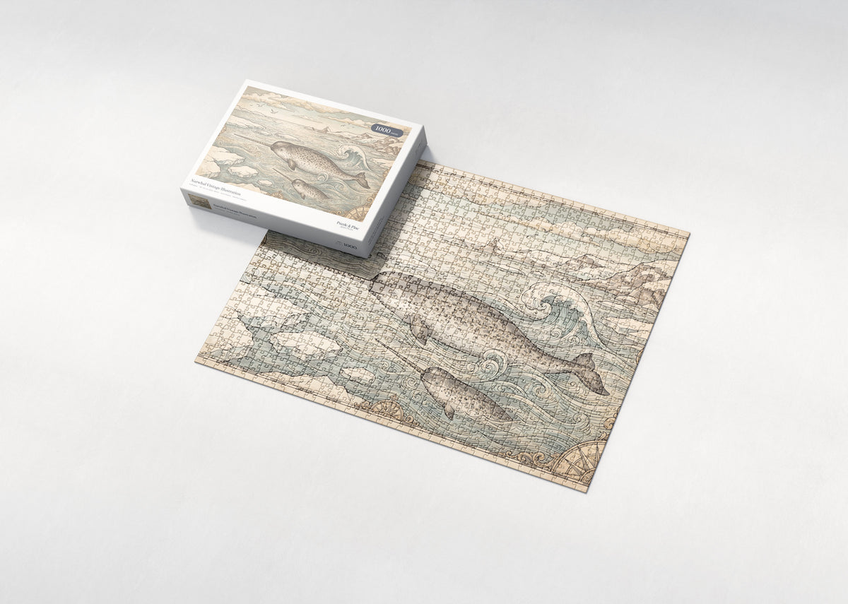 Narwhal Vintage Illustration jigsaw puzzle - box and puzzle