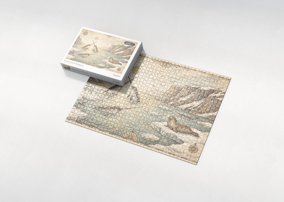 Narwhals Under the Midnight Sun jigsaw puzzle - box and puzzle