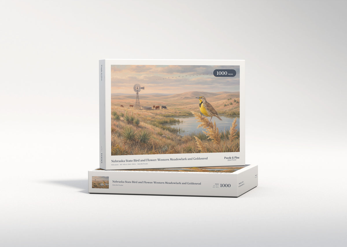 Nebraska State Bird and Flower: Western Meadowlark and Goldenrod jigsaw puzzle - gift box