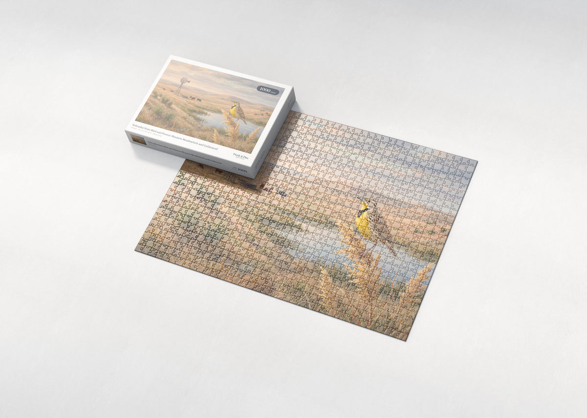 Nebraska State Bird and Flower: Western Meadowlark and Goldenrod jigsaw puzzle - box and puzzle