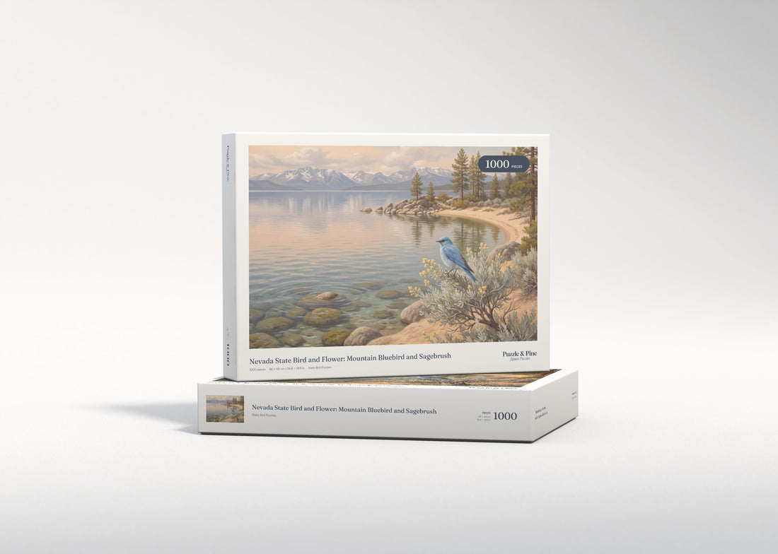 Nevada State Bird and Flower: Mountain Bluebird and Sagebrush jigsaw puzzle - gift box