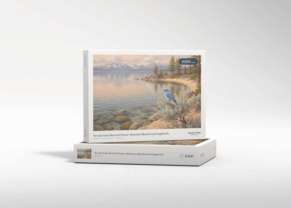 Nevada State Bird and Flower: Mountain Bluebird and Sagebrush jigsaw puzzle - gift box