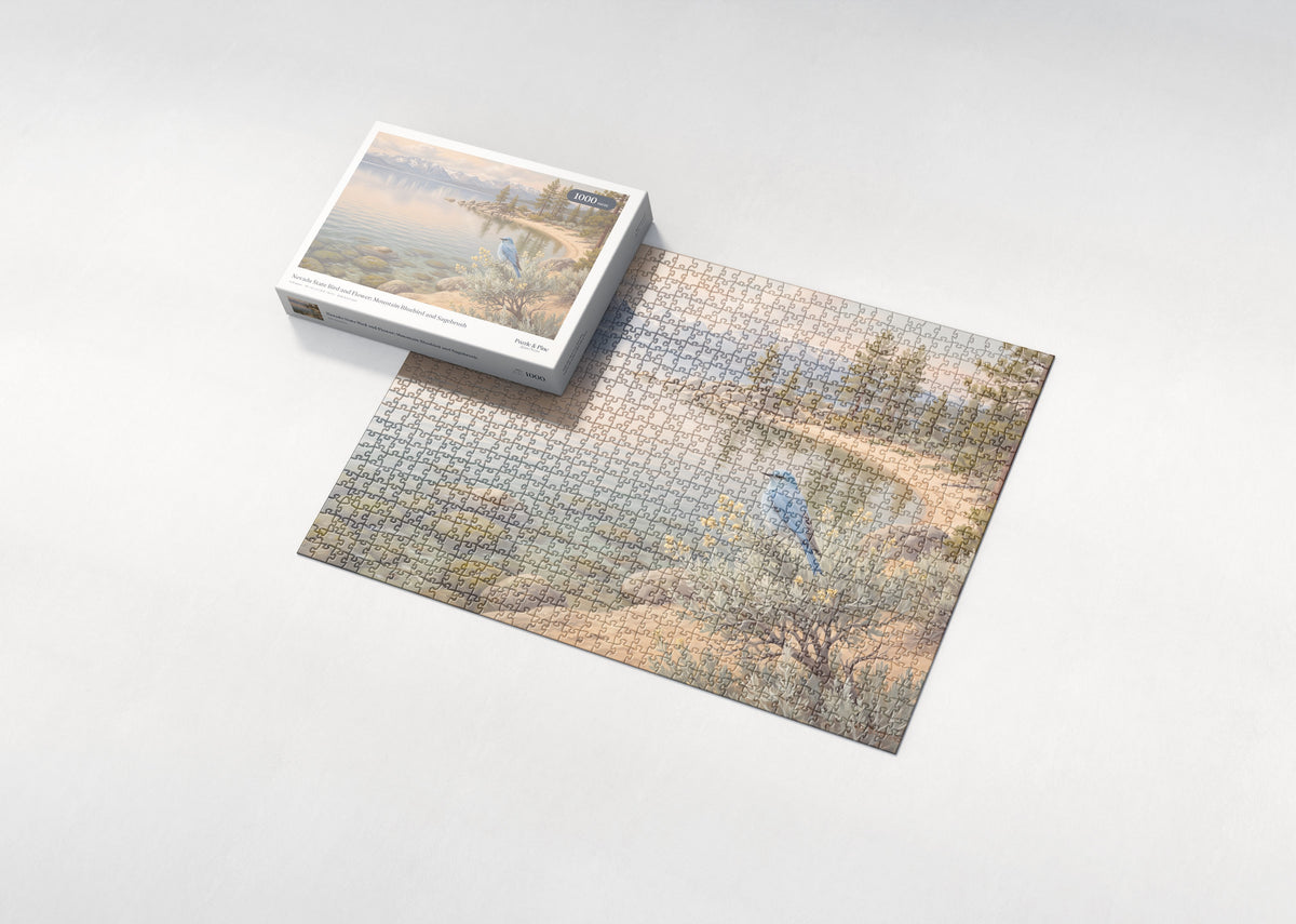 Nevada State Bird and Flower: Mountain Bluebird and Sagebrush jigsaw puzzle - box and puzzle