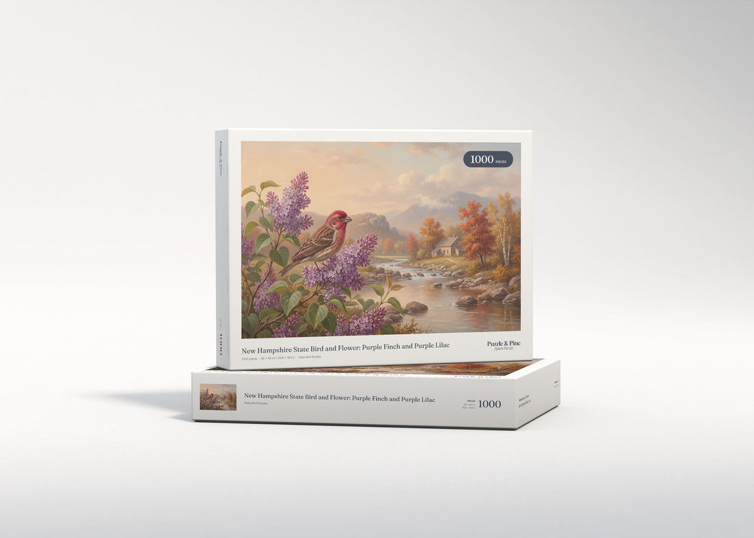 New Hampshire State Bird and Flower: Purple Finch and Purple Lilac jigsaw puzzle - gift box