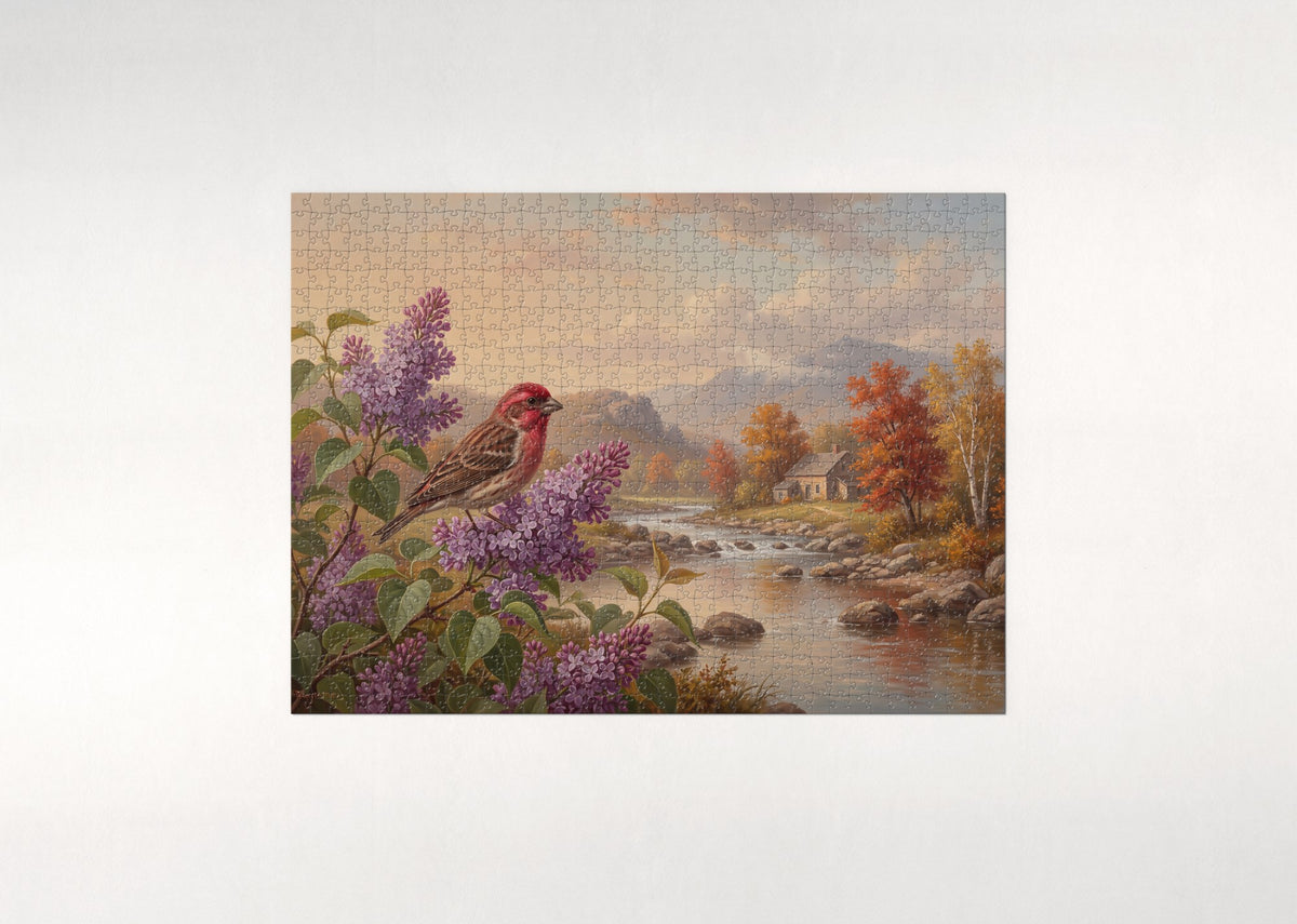 New Hampshire State Bird and Flower: Purple Finch and Purple Lilac jigsaw puzzle - flat puzzle